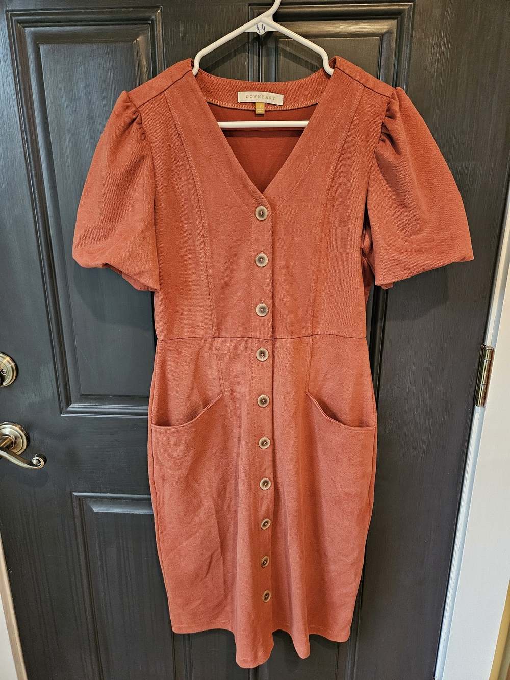 Button-Front Puff Sleeve Midi Dress in Rust
